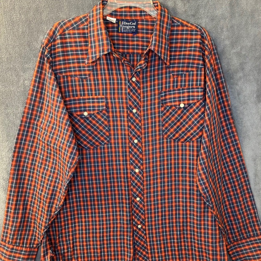 Vintage Dee Cee Rangers Mens XL Western Snap Plaid Shirt Red Navy Blue USA